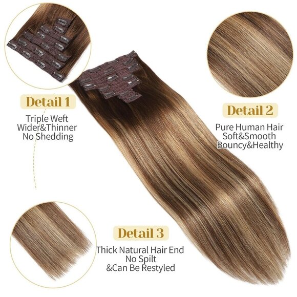 Real Human Hair Extensions Clip In 24 Inch Ombre Brown Blonde Thick Volume main image 5
